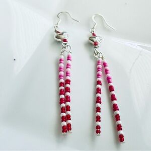 Antique Silver Hearts w Pink Red White Ombré Beads Dangling Earrings
